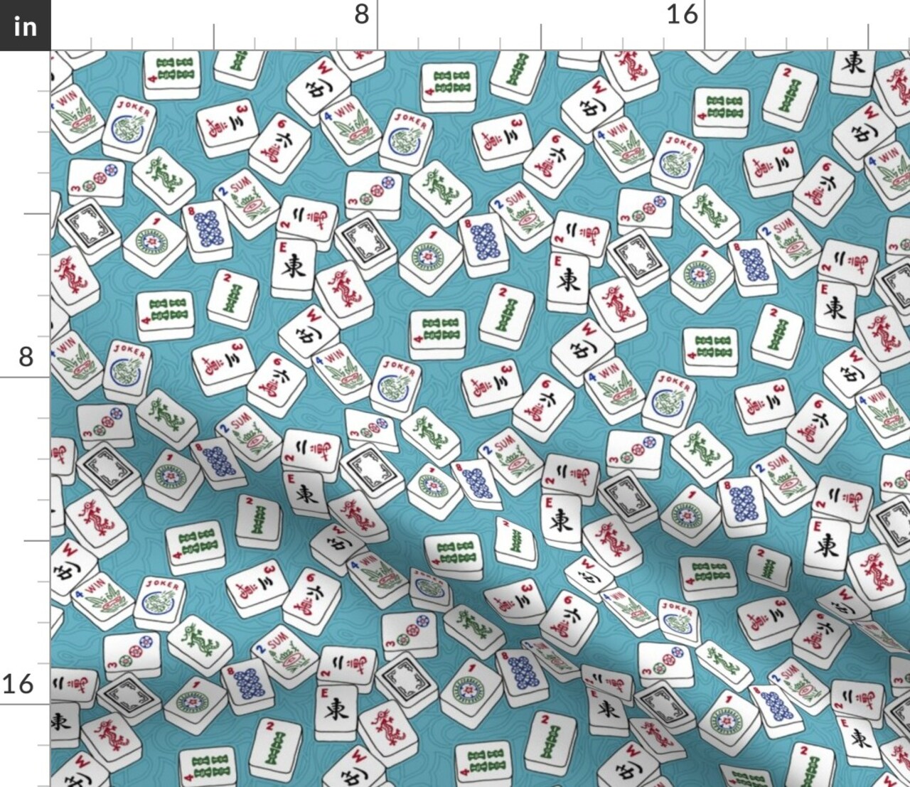 Mahjong Tiles Game Aqua Background Chinese Gambling Custom Printed Fabric by Spoonflower Various Fabrics by the Yard or Fat Quarter